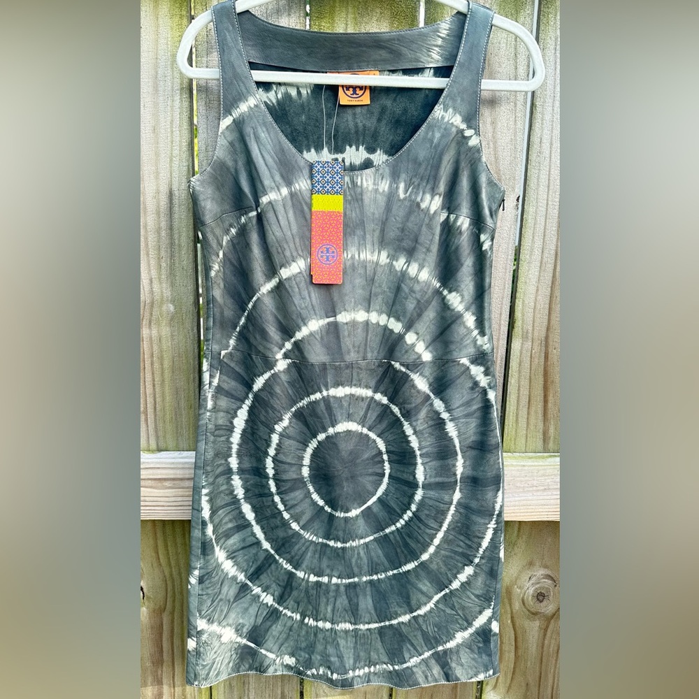 Tory Burch  Leather Dress ⚡ Women's Size 4 Greystone  Shawna Tie-Dye Night Out